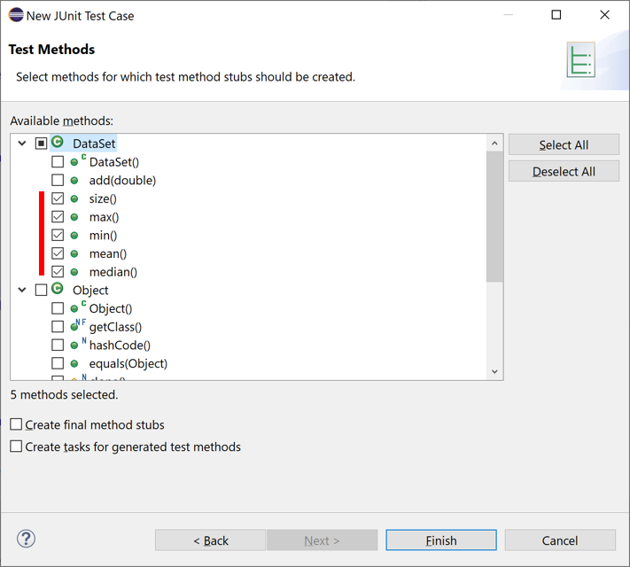 JUnit test method selection