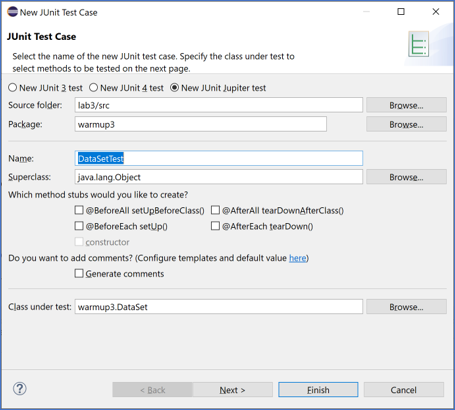 JUnit test method stub generator dialog